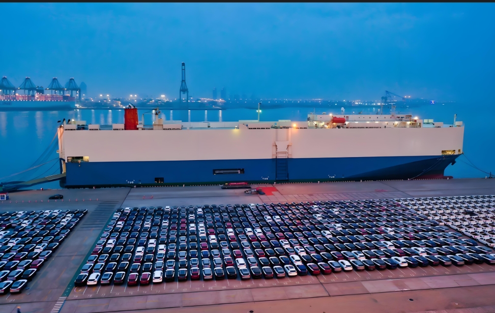 a large ship with cars parked in a port